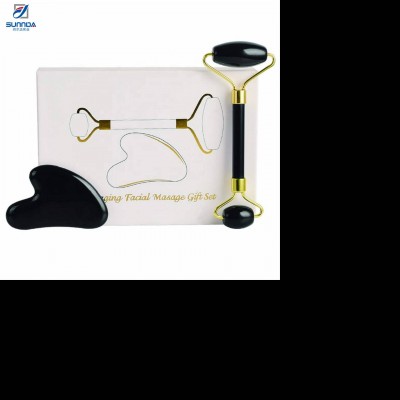 100% Natural Black Obsidian Quartz Oem Logo Facial Anti-aging Roller Jade Massage Roller Face Brush And Jade Massager Set