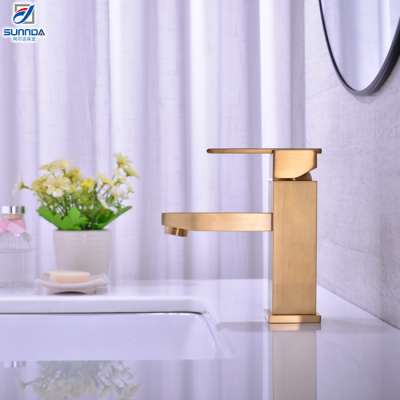 Fashionable Hot and Cold Dual Control Nickel Brushed Golden Color Single Square Handle Bathroom Basin Faucet